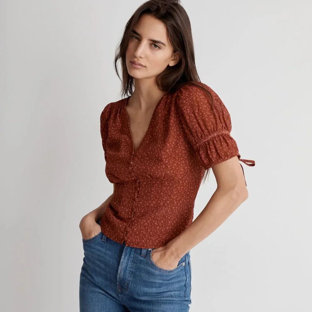 Madewell Blouse 6 Red / Brown Floral V Neck Short Puff Sleeve Button Front Top